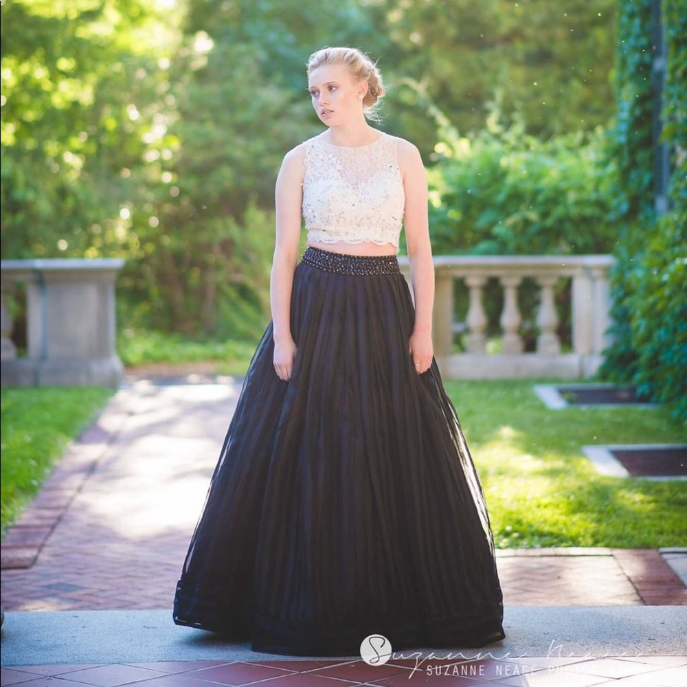 Black and white two piece prom dress